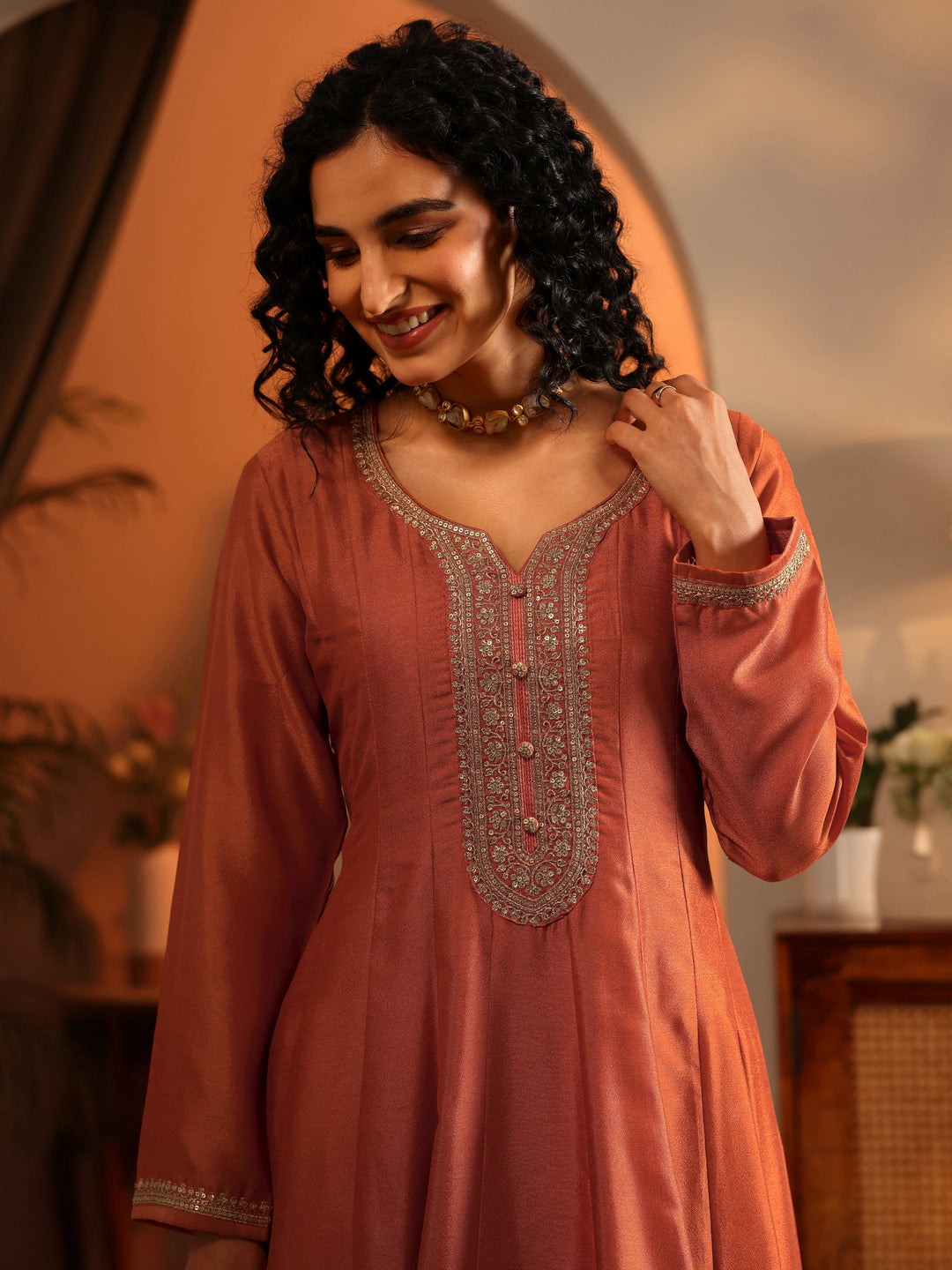  Libas Art Orange Embroidered Silk Blend Anarkali Suit Set With Dupatta 