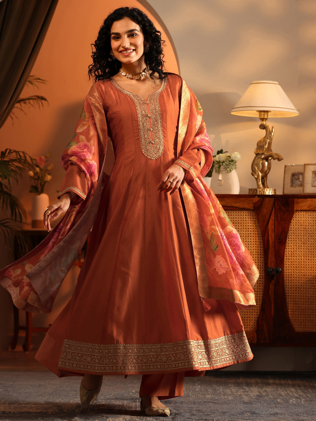  Libas Art Orange Embroidered Silk Blend Anarkali Suit Set With Dupatta 