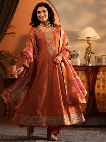 Orange Embroidered Silk Blend Anarkali Suit Set With Dupatta