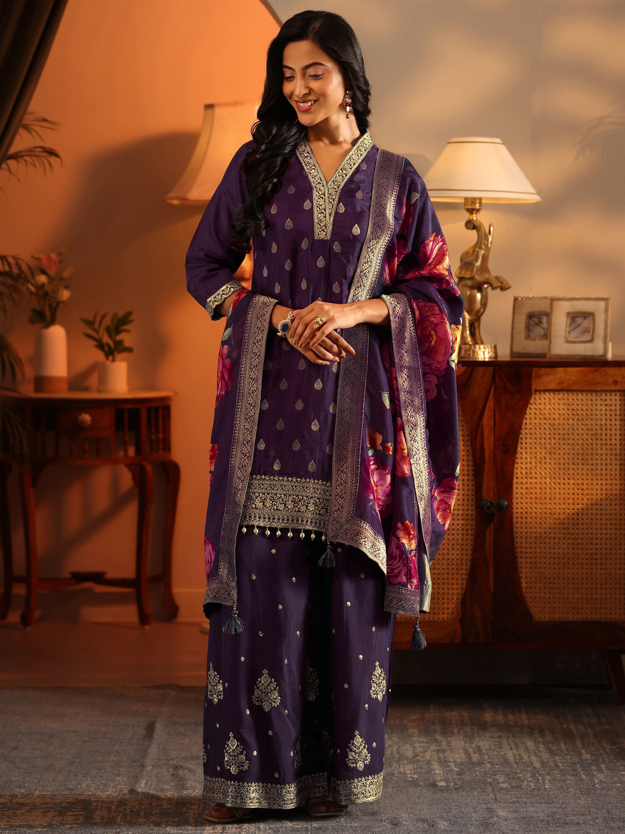 libas Purple Woven Design Silk Blend Straight Suit Set With Dupatta-picture-62