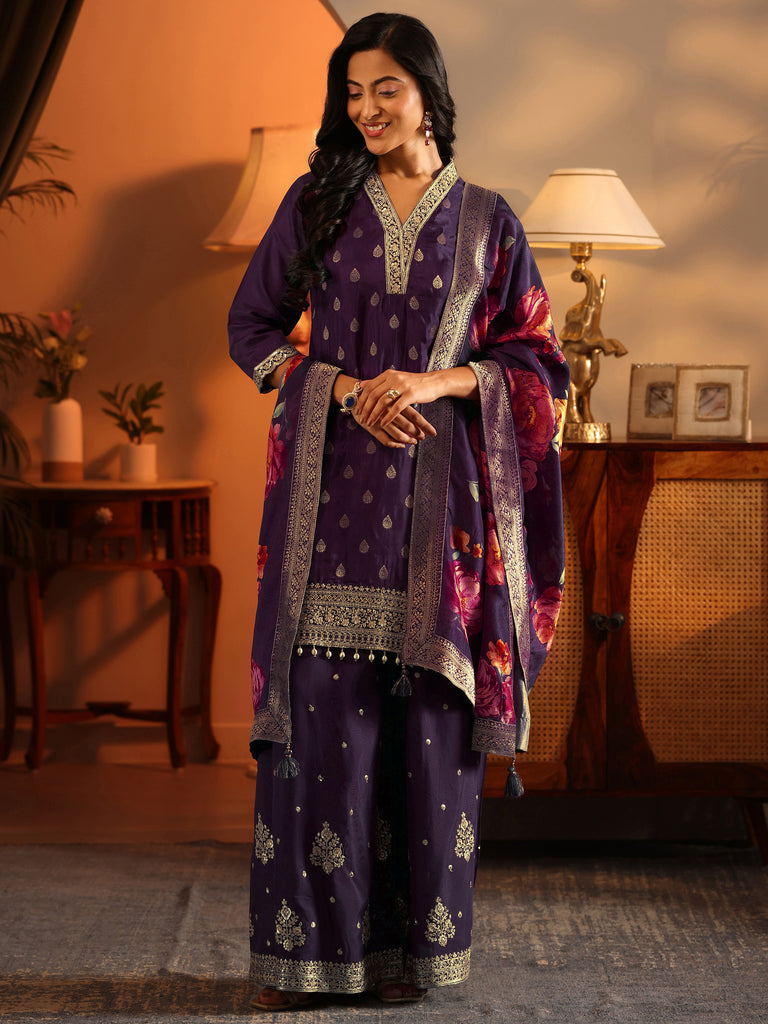 Libas Purple Woven Design Silk Blend Straight Suit Set With Dupatta