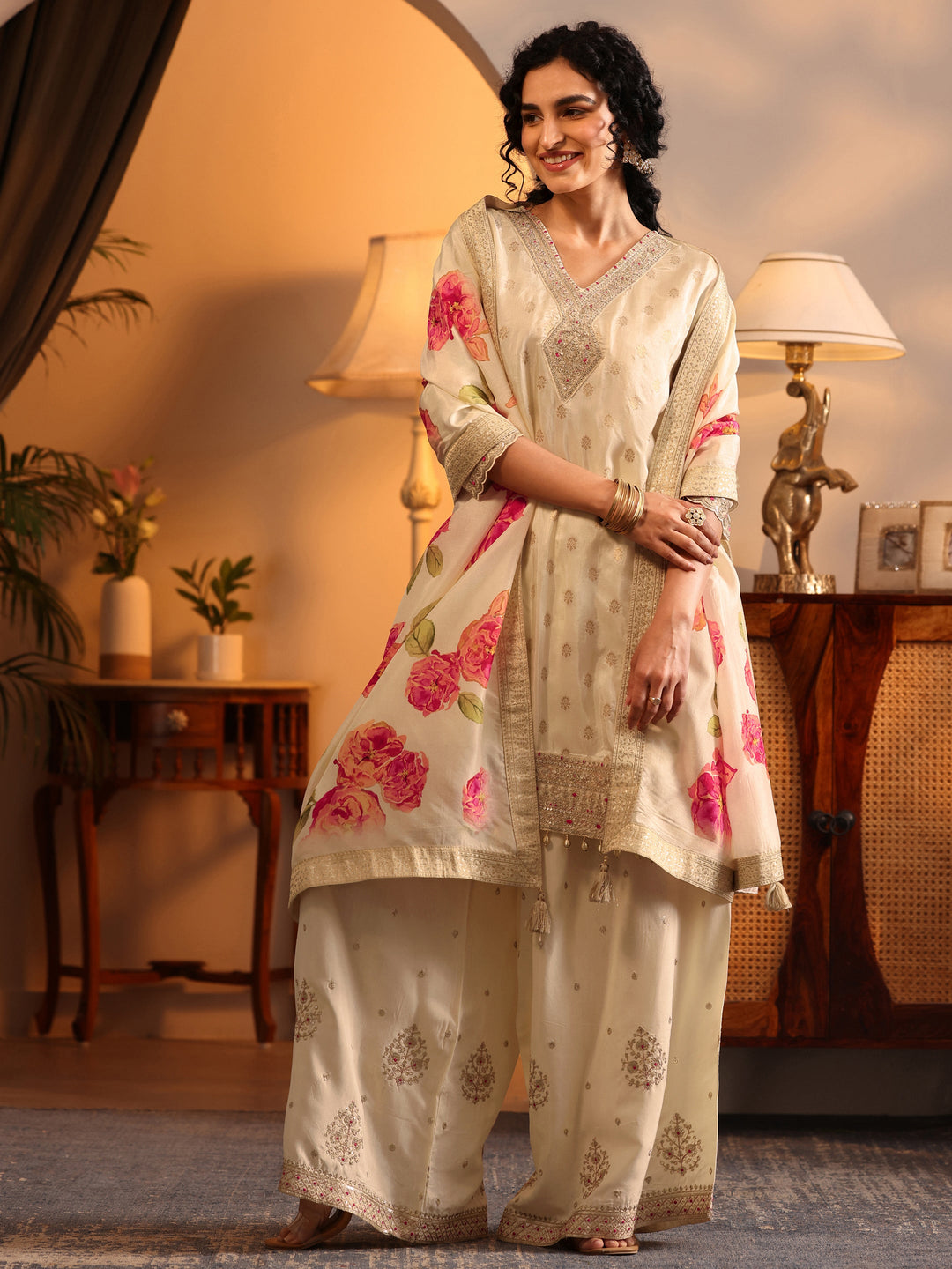  Cream Woven Design Silk Blend Straight Suit Set With Dupatta 