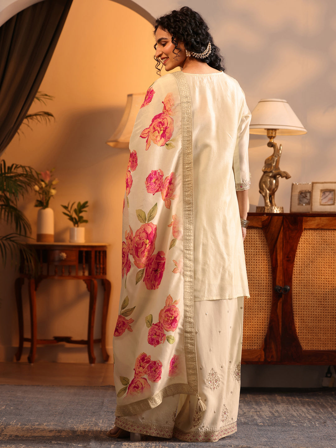  Libas Art Cream Woven Design Silk Blend Straight Suit Set With Dupatta 