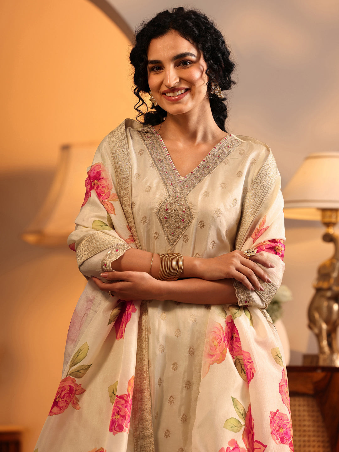  Cream Woven Design Silk Blend Straight Suit Set With Dupatta 