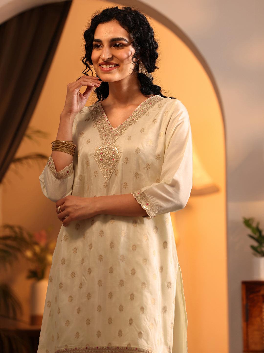  Libas Art Cream Woven Design Silk Blend Straight Suit Set With Dupatta 