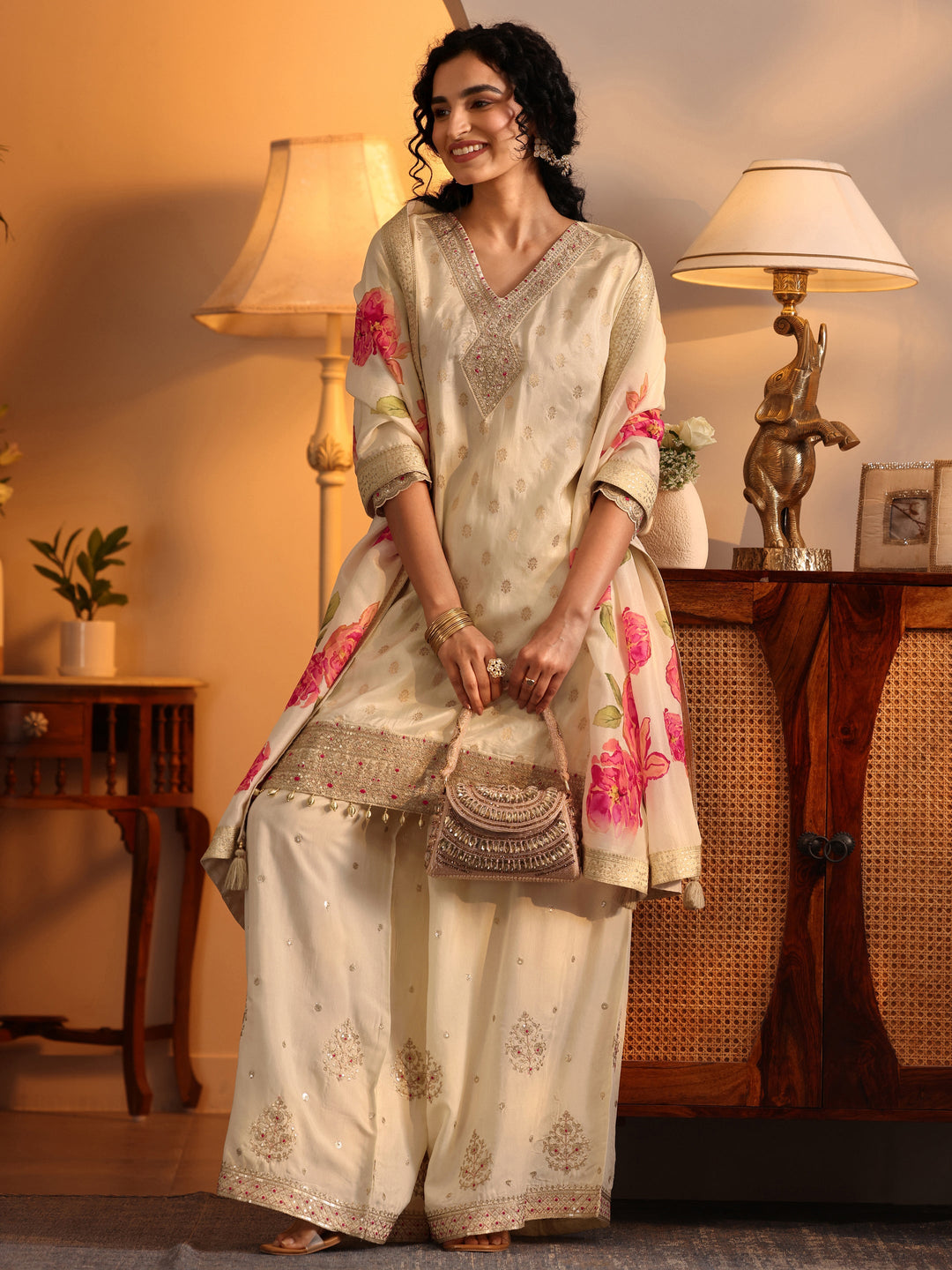 Cream Woven Design Silk Blend Straight Suit Set With Dupatta