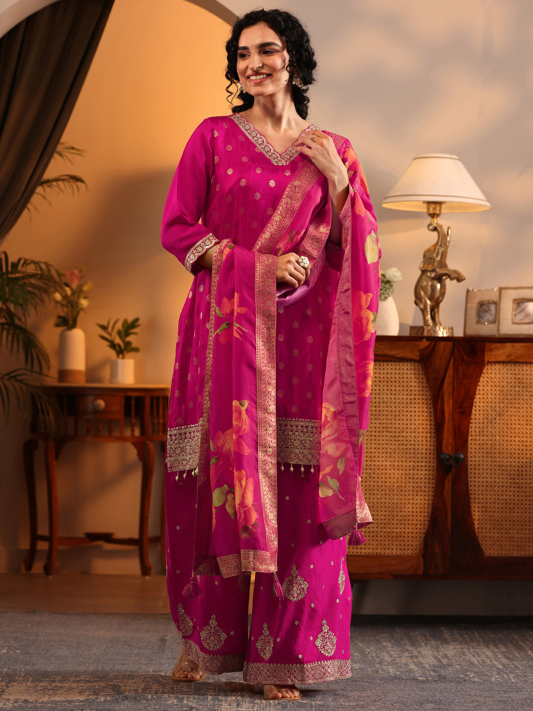  Libas Art Pink Woven Design Silk Blend Straight Suit Set With Dupatta 