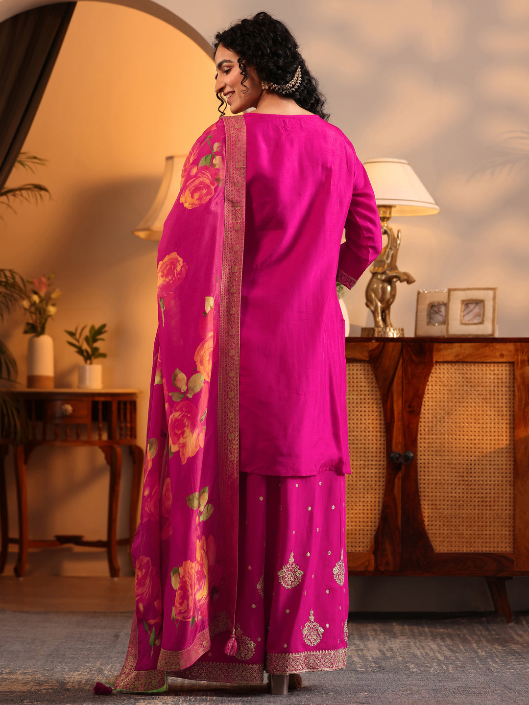  Libas Art Pink Woven Design Silk Blend Straight Suit Set With Dupatta 