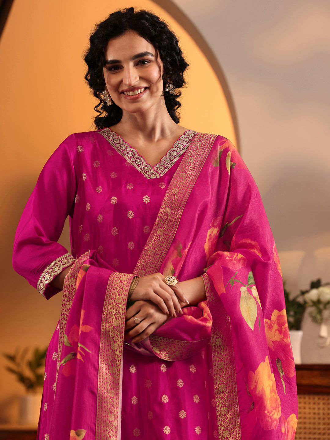  Libas Art Pink Woven Design Silk Blend Straight Suit Set With Dupatta 