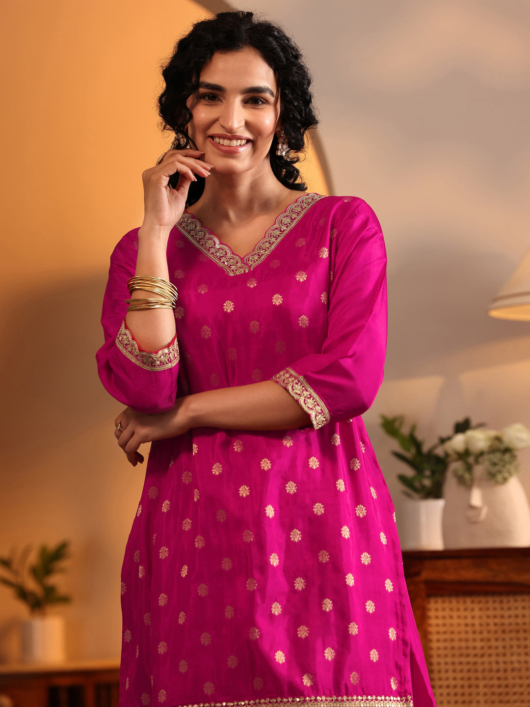  Libas Art Pink Woven Design Silk Blend Straight Suit Set With Dupatta 