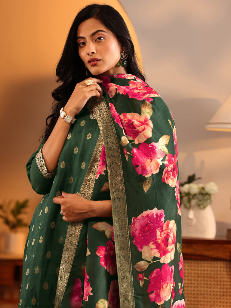Libas Green Woven Design Silk Blend Straight Suit Set With Dupatta