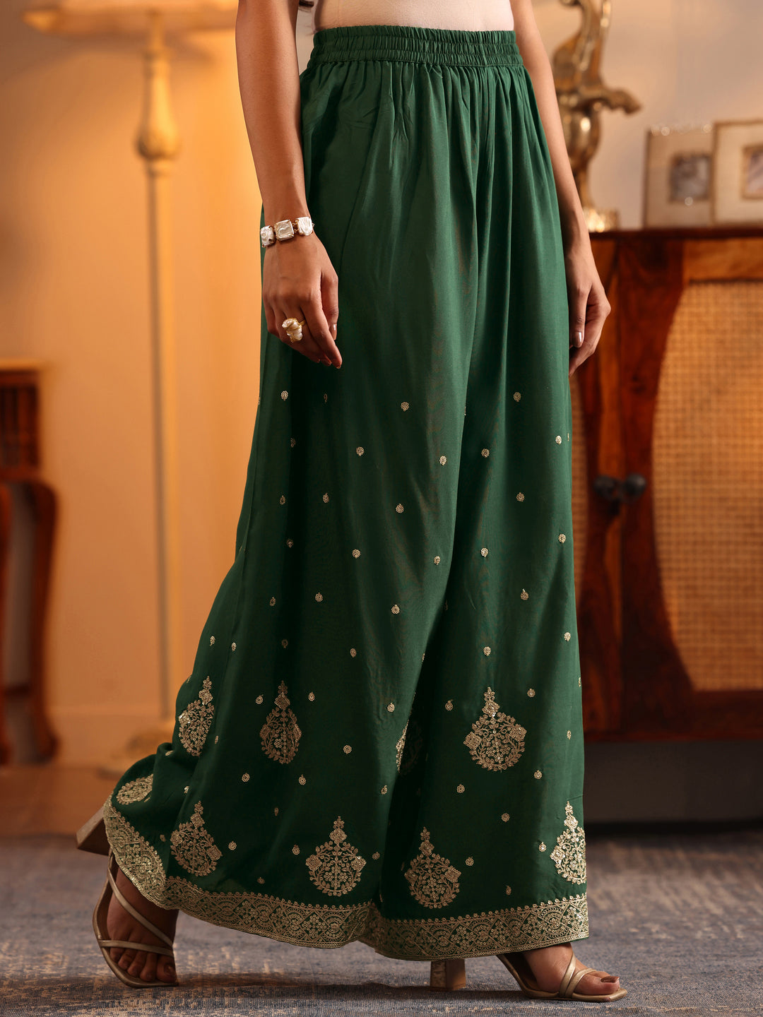  Libas Art Green Woven Design Silk Blend Straight Suit Set With Dupatta 