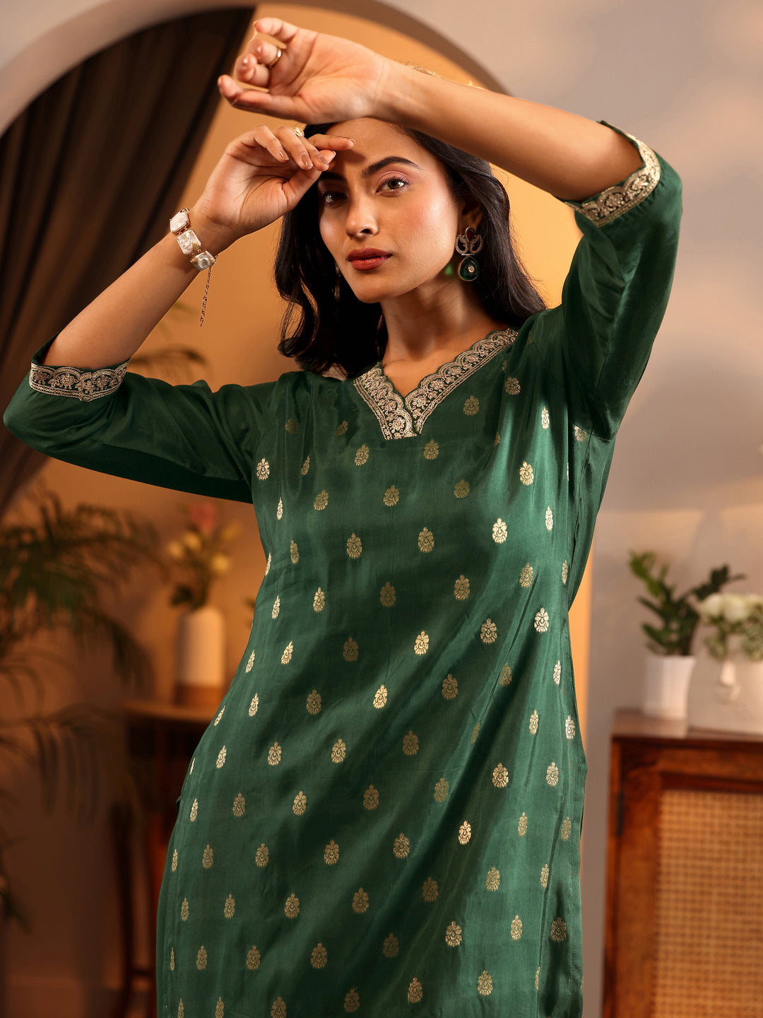  Libas Art Green Woven Design Silk Blend Straight Suit Set With Dupatta 