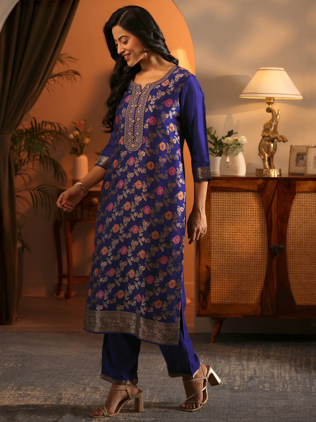 Libas Art Navy Blue Woven Design Silk Blend Straight Suit Set With Dupatta 