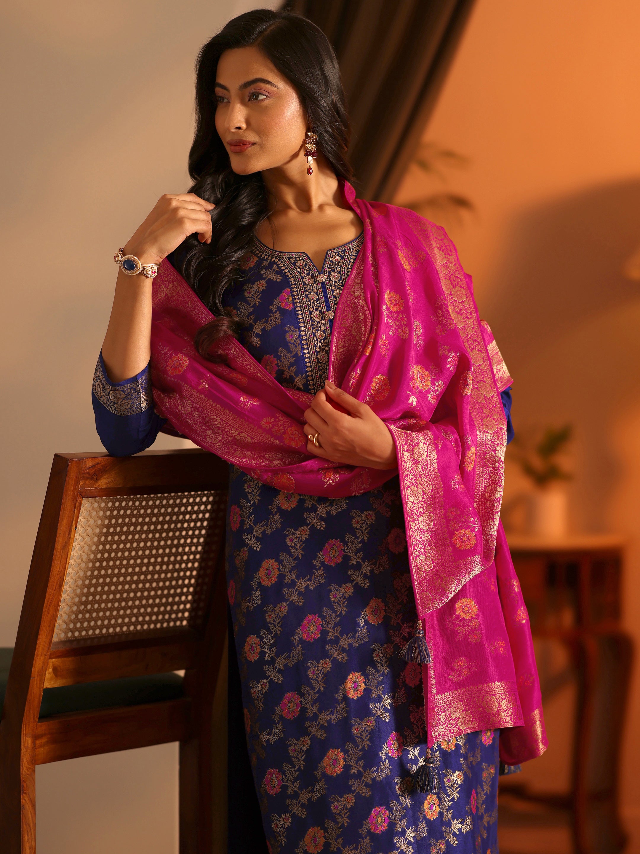libas Navy Blue Woven Design Silk Blend Straight Suit Set With Dupatta-picture-35