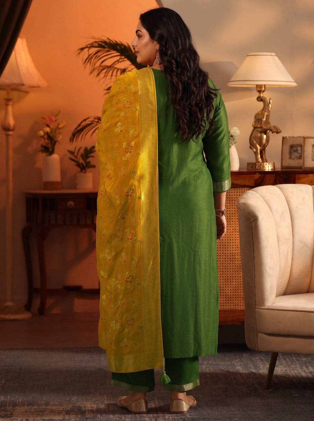  Plus Size Green Woven Design Silk Blend Straight Suit Set With Dupatta 