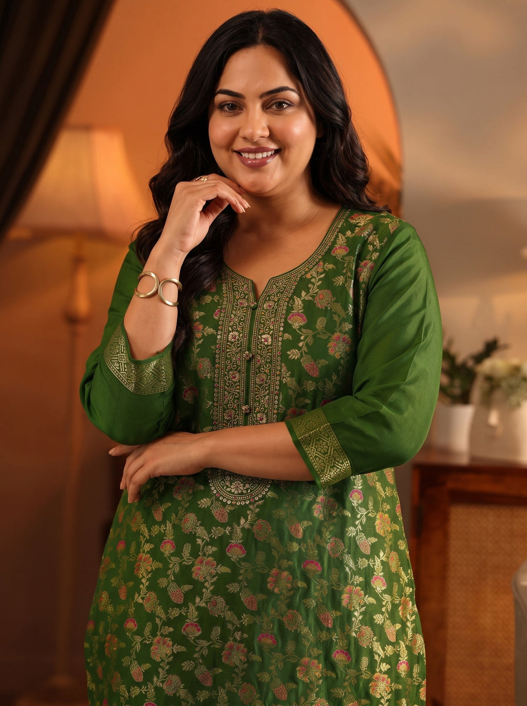  Plus Size Green Woven Design Silk Blend Straight Suit Set With Dupatta 