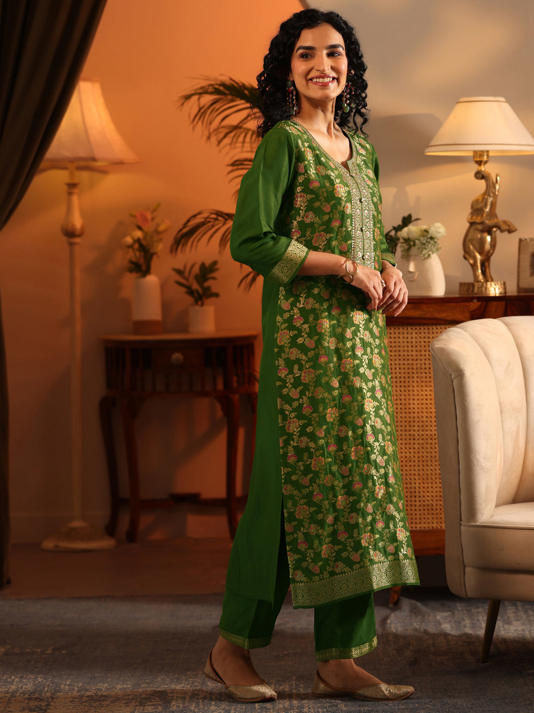  Libas Art Green Woven Design Silk Blend Straight Suit Set With Dupatta 