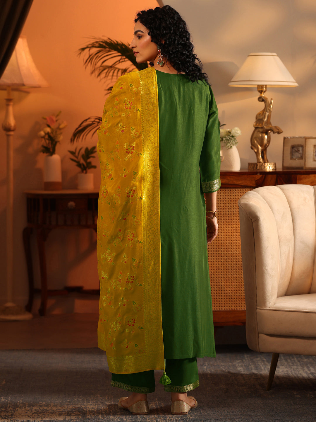  Libas Art Green Woven Design Silk Blend Straight Suit Set With Dupatta 