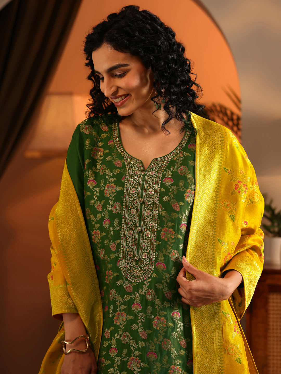  Libas Art Green Woven Design Silk Blend Straight Suit Set With Dupatta 