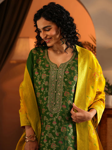 Green Woven Design Silk Blend Straight Suit Set With Dupatta