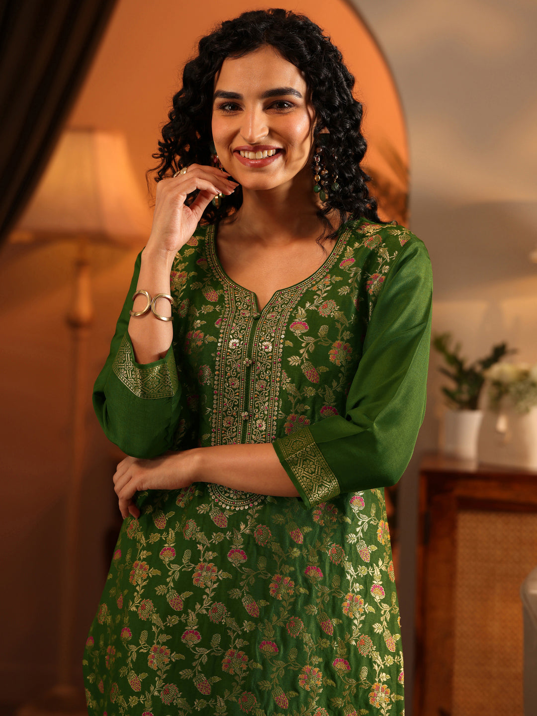  Libas Art Green Woven Design Silk Blend Straight Suit Set With Dupatta 