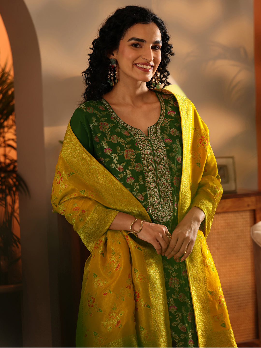  Libas Art Green Woven Design Silk Blend Straight Suit Set With Dupatta 