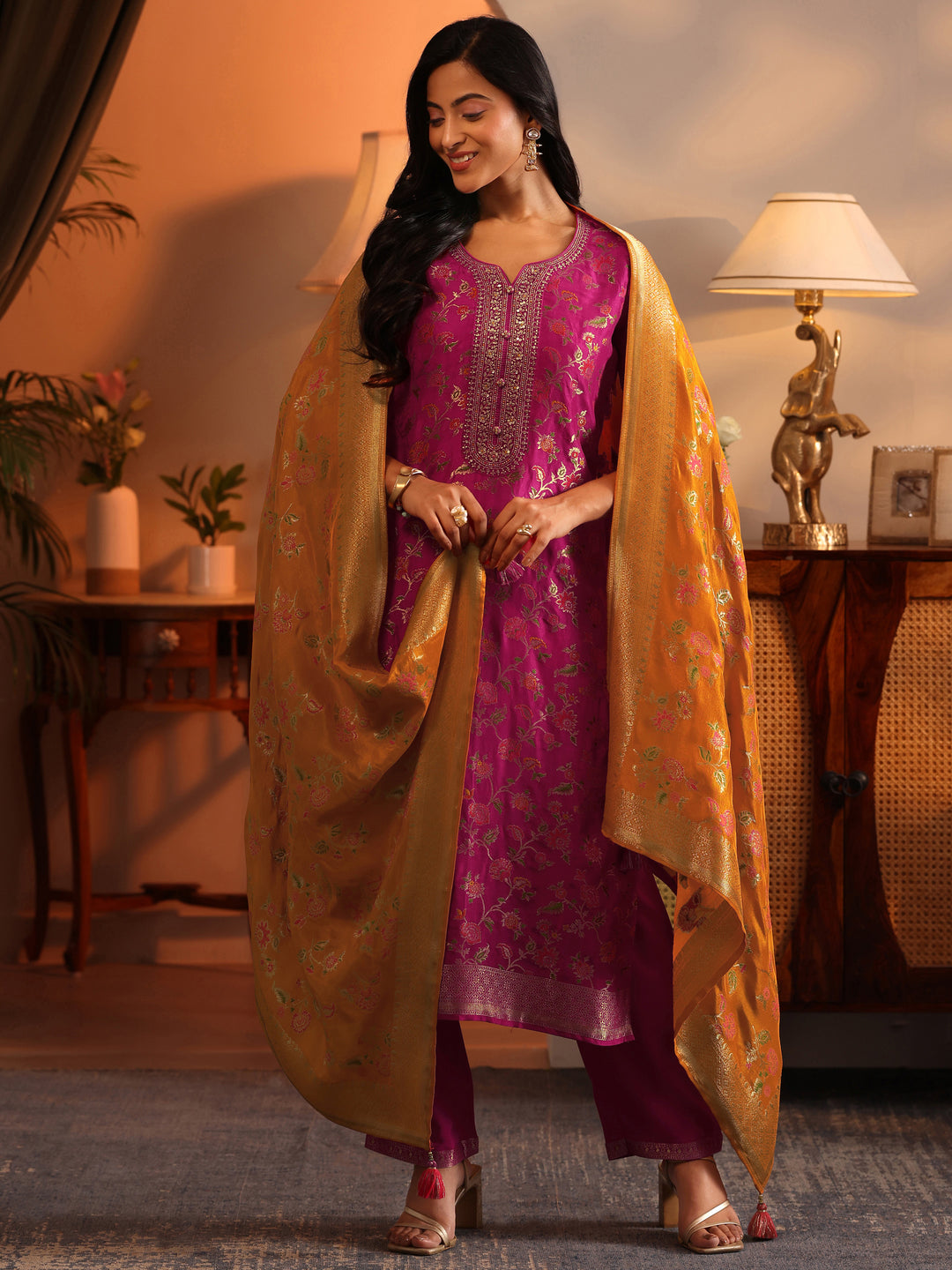  Libas Art Pink Woven Design Silk Blend Straight Suit Set With Dupatta 