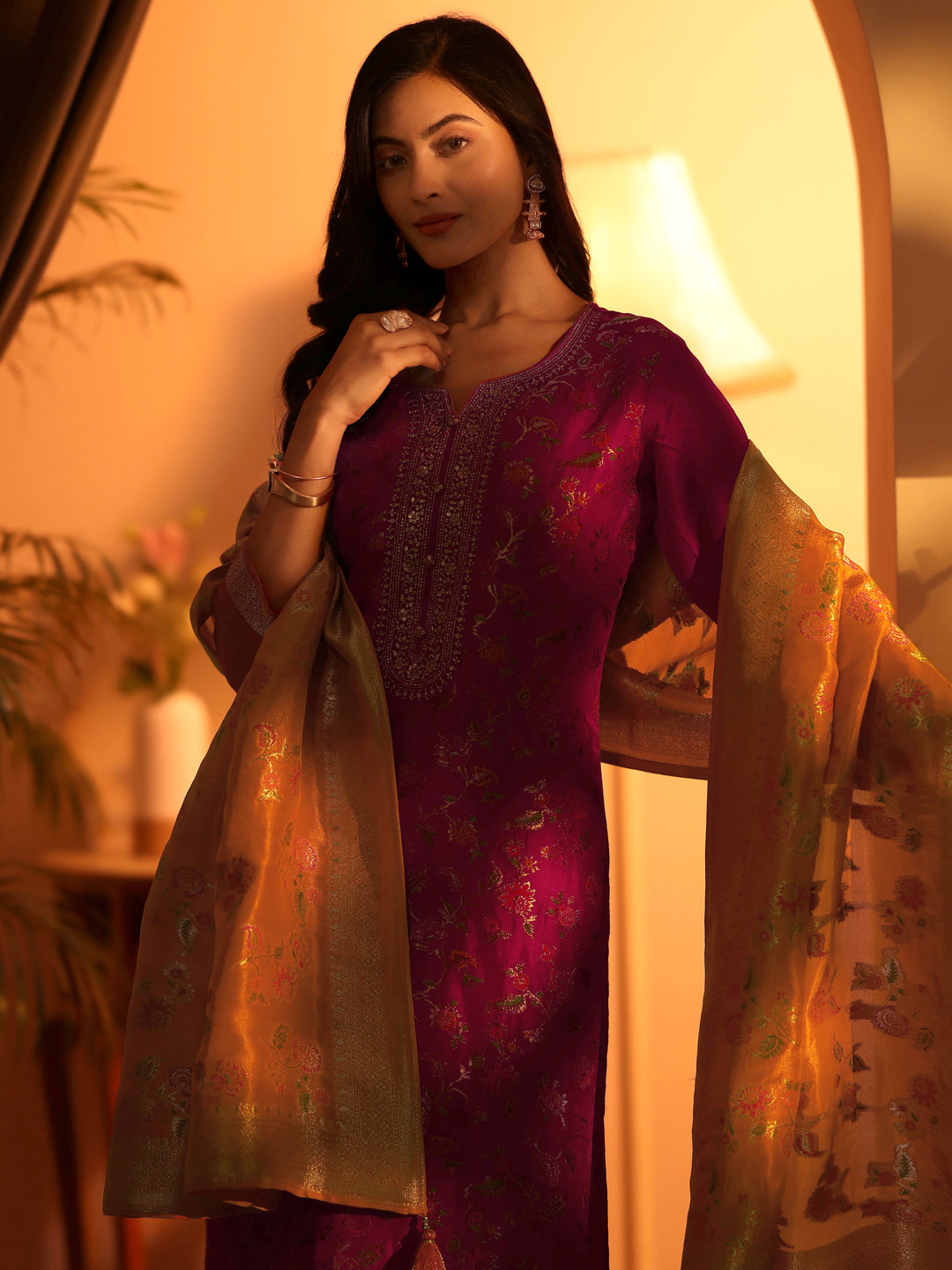  Libas Art Pink Woven Design Silk Blend Straight Suit Set With Dupatta 
