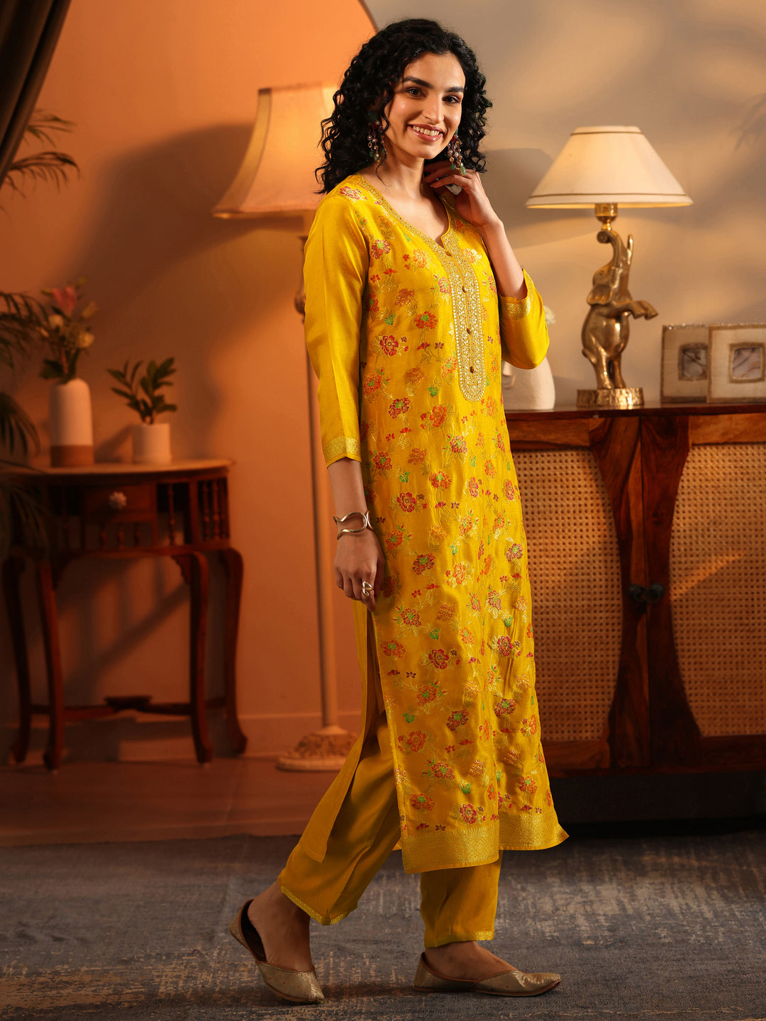  Libas Art Mustard Woven Design Silk Blend Straight Suit Set With Dupatta 