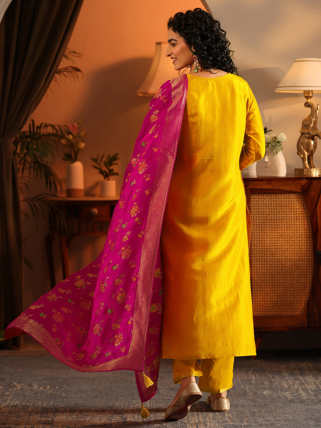  Libas Art Mustard Woven Design Silk Blend Straight Suit Set With Dupatta 