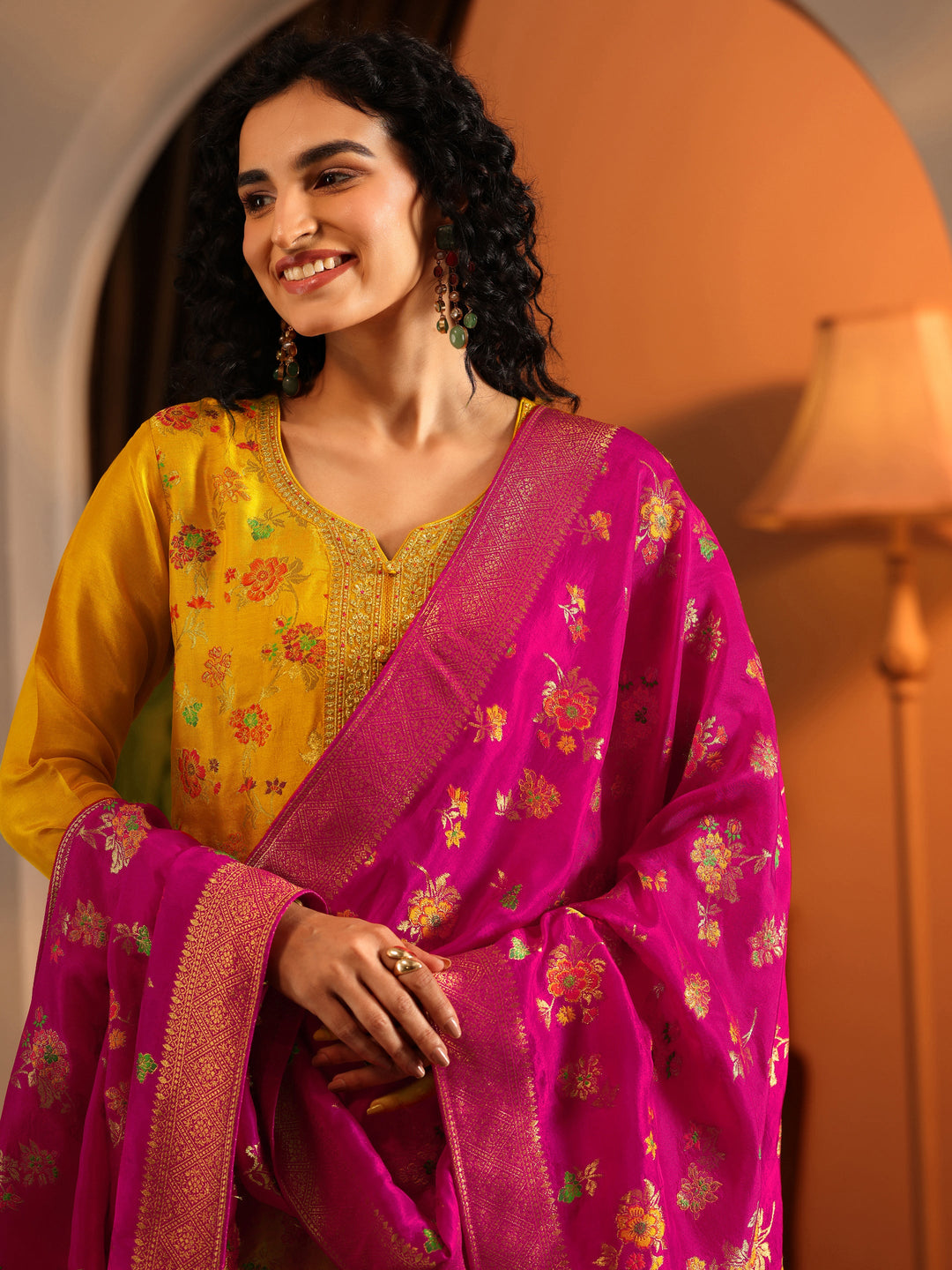  Libas Art Mustard Woven Design Silk Blend Straight Suit Set With Dupatta 