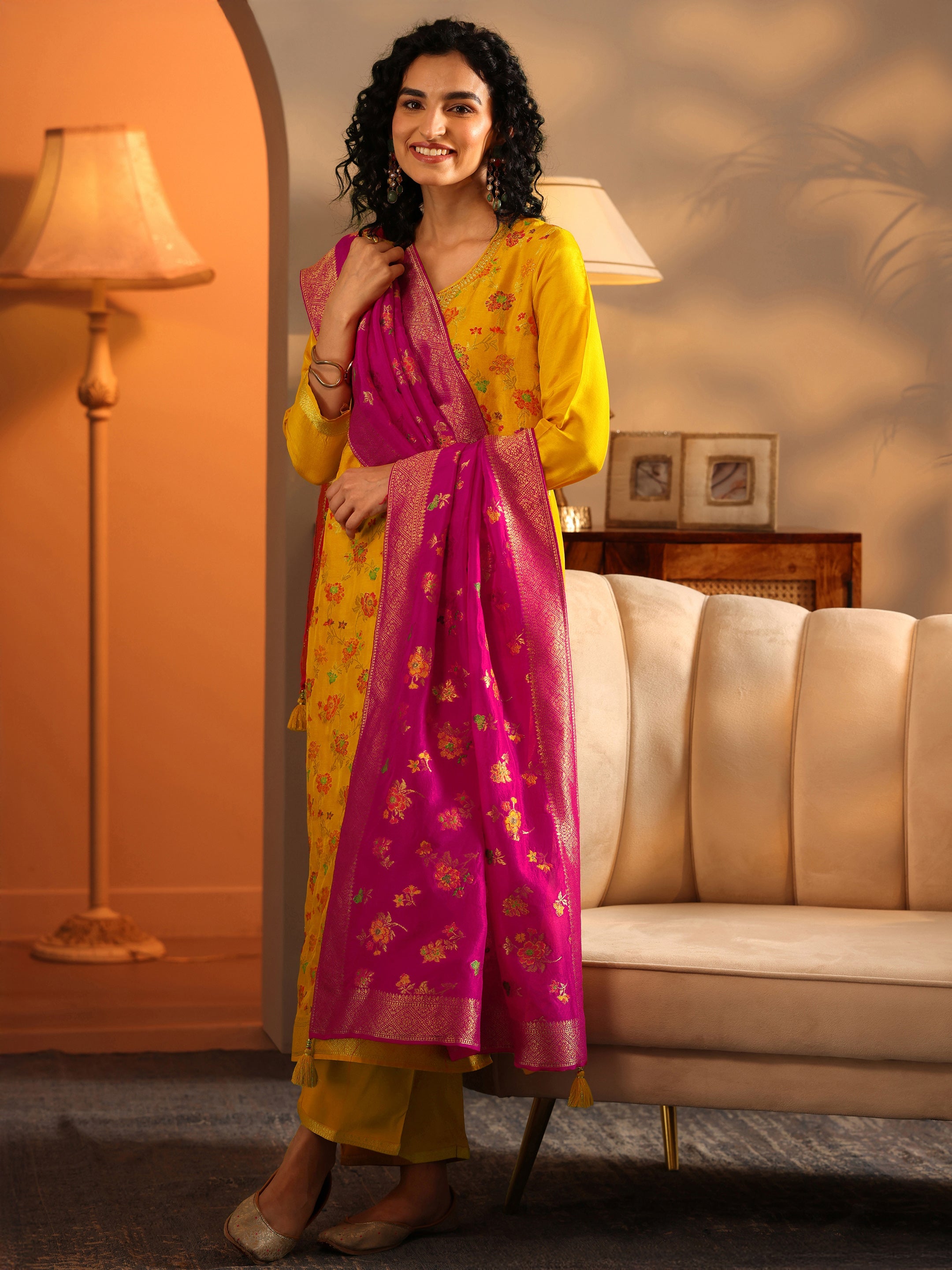 libas Mustard Woven Design Silk Blend Straight Suit Set With Dupatta-picture-35