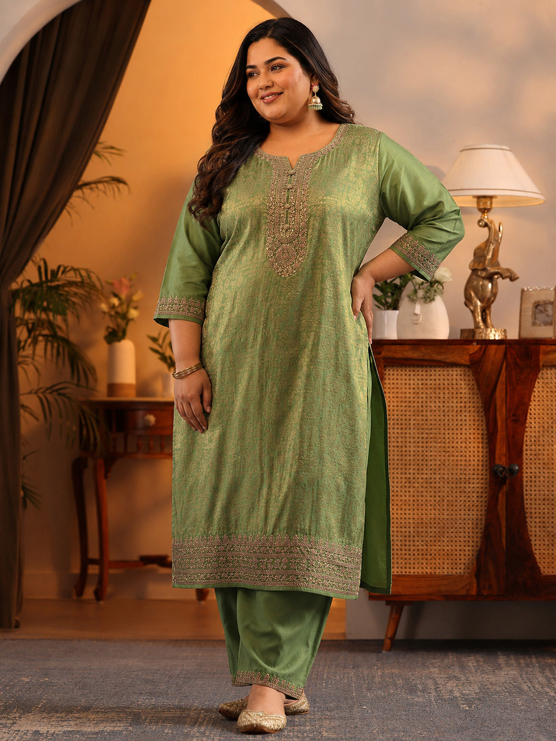  Plus Size Green Woven Design Silk Blend Straight Suit Set With Dupatta 