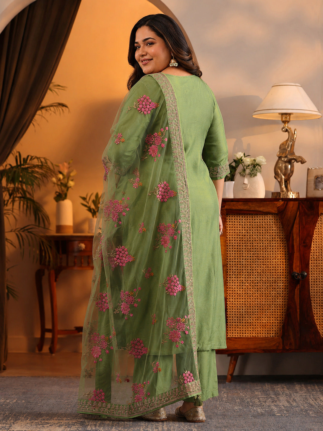  Plus Size Green Woven Design Silk Blend Straight Suit Set With Dupatta 
