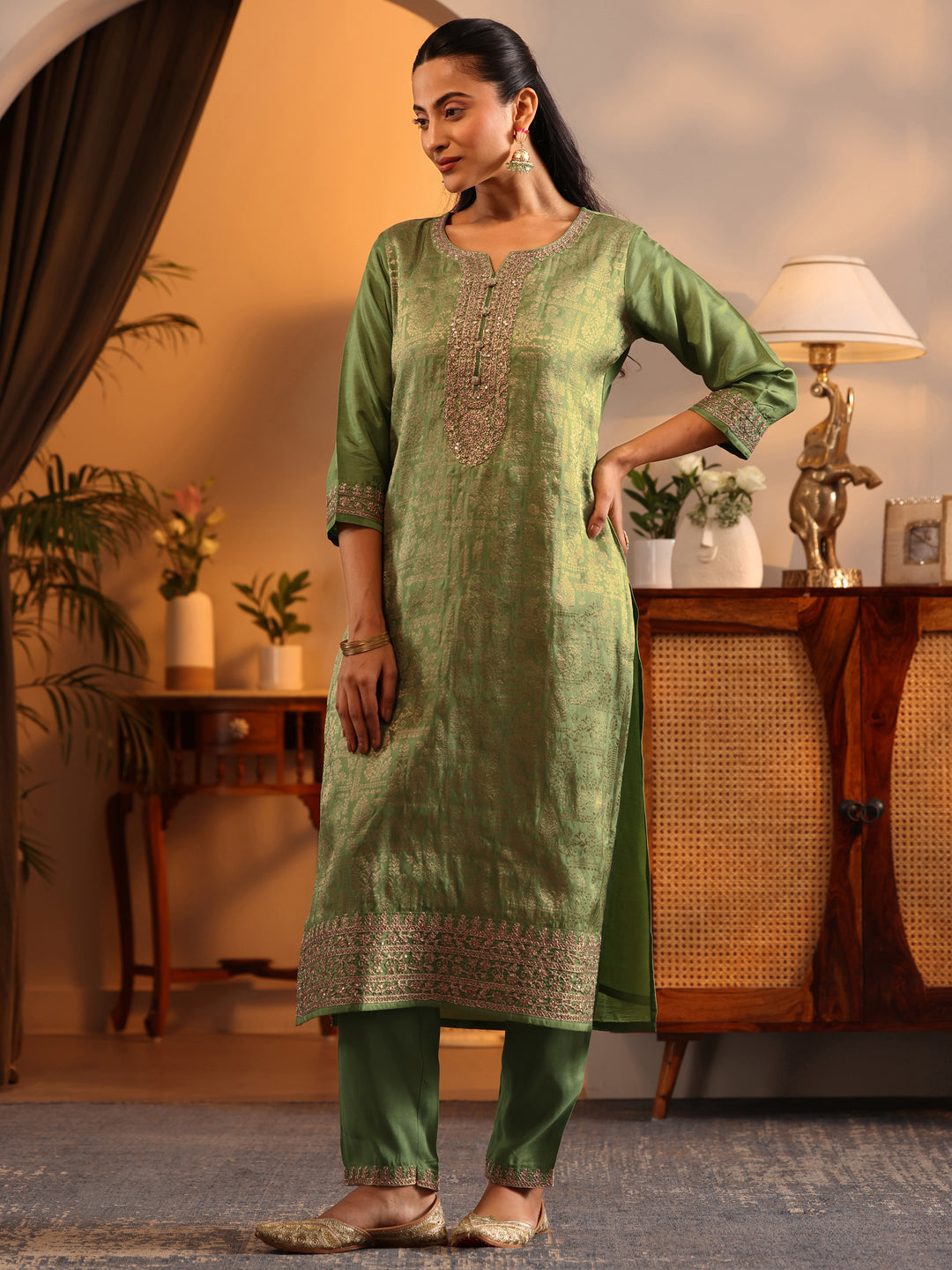  Libas Art Green Woven Design Silk Blend Straight Suit Set With Dupatta 