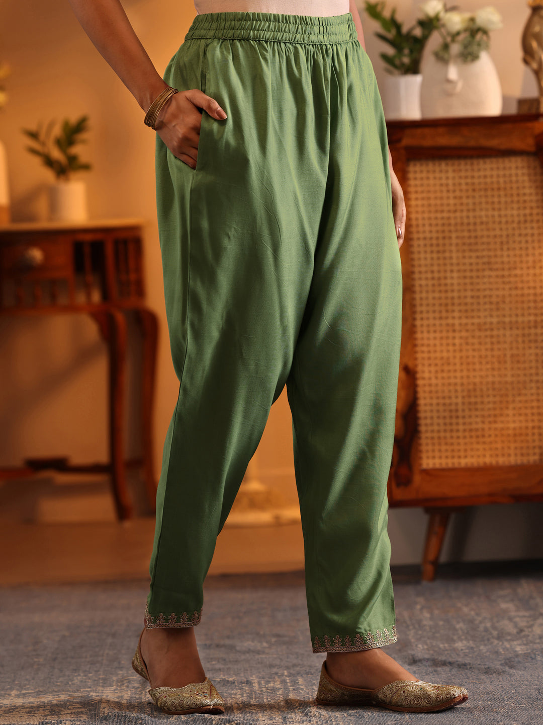  Libas Art Green Woven Design Silk Blend Straight Suit Set With Dupatta 