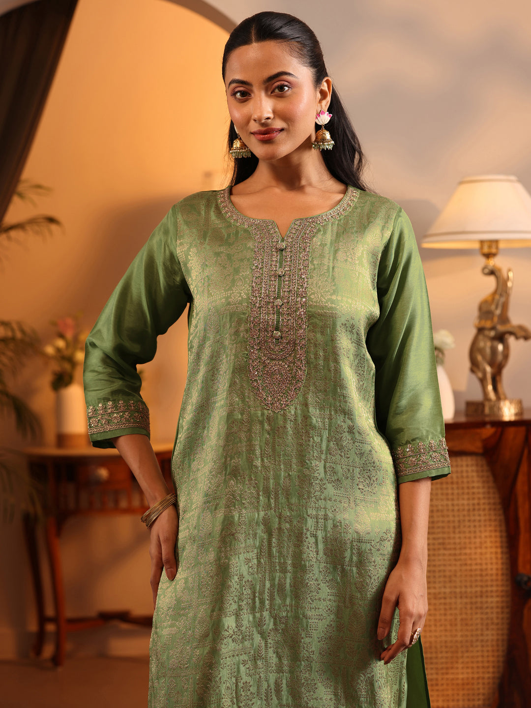  Libas Art Green Woven Design Silk Blend Straight Suit Set With Dupatta 