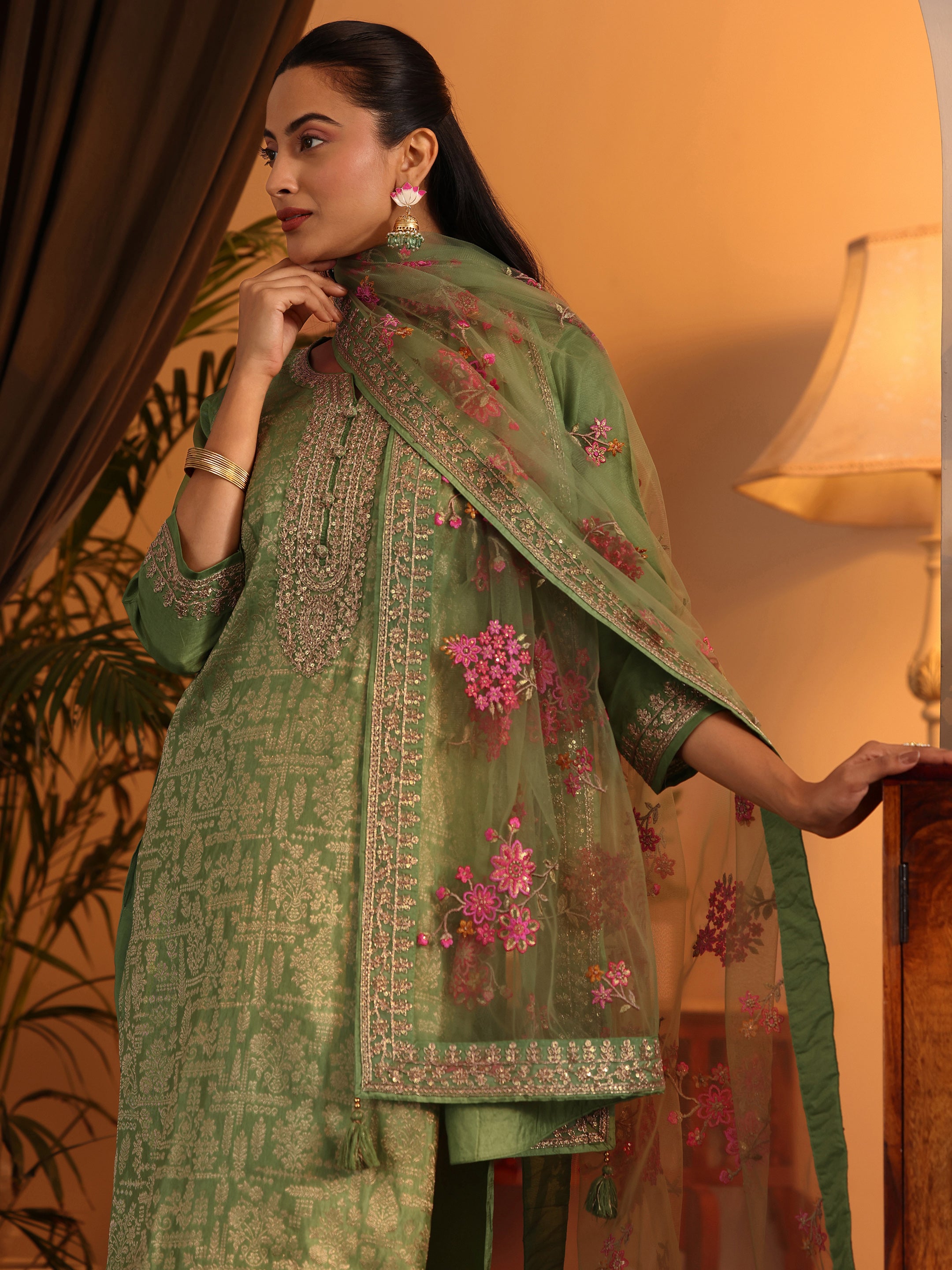libas Green Woven Design Silk Blend Straight Suit Set With Dupatta-picture-20