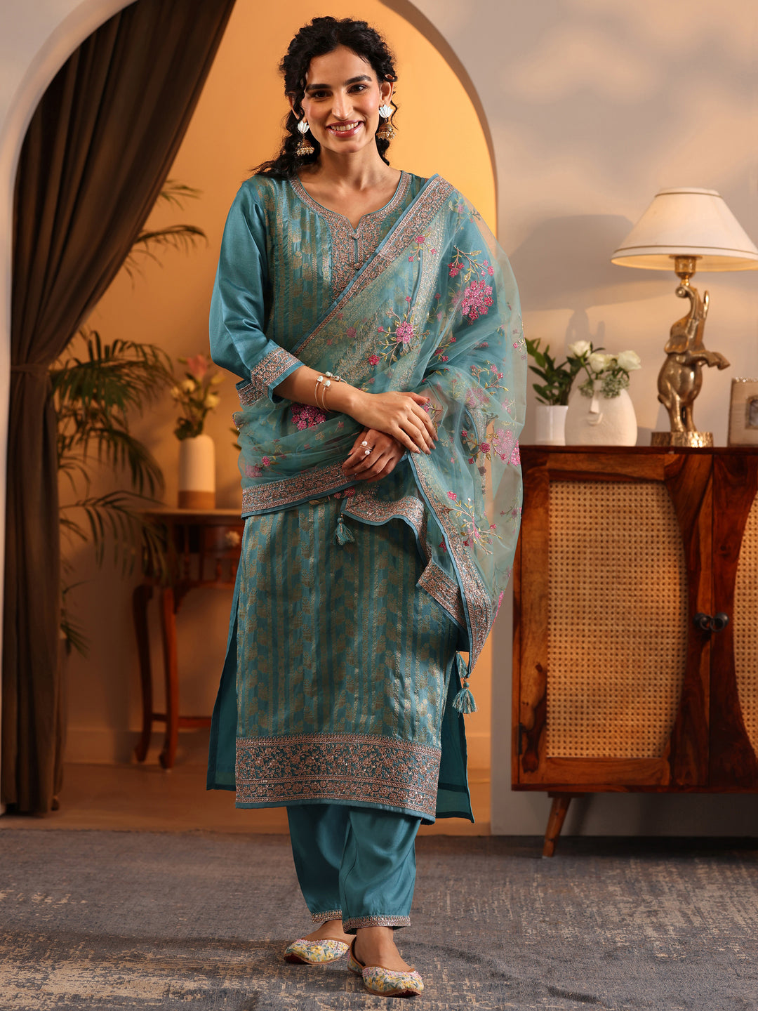  Libas Art Blue Woven Design Silk Blend Straight Suit Set With Dupatta 