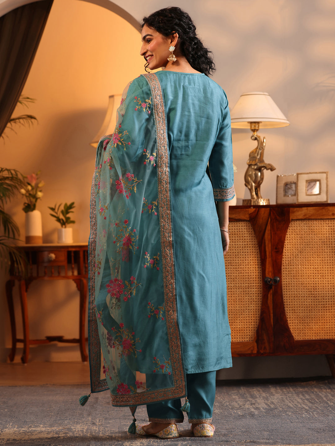  Libas Art Blue Woven Design Silk Blend Straight Suit Set With Dupatta 