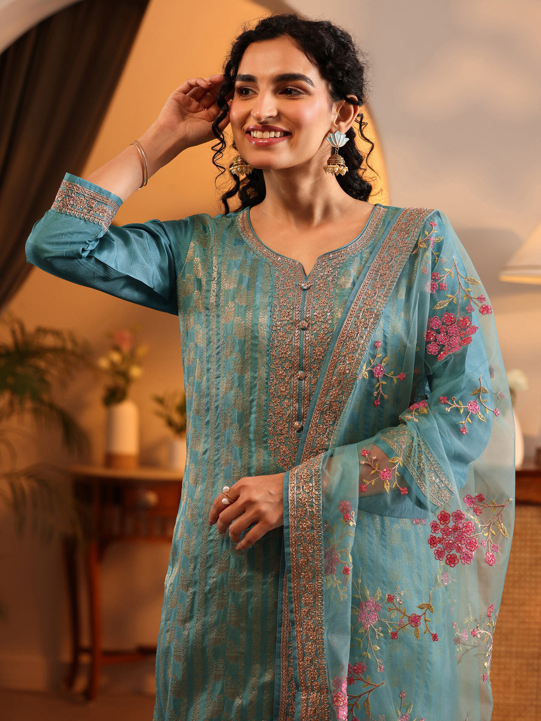 Libas Art Blue Woven Design Silk Blend Straight Suit Set With Dupatta