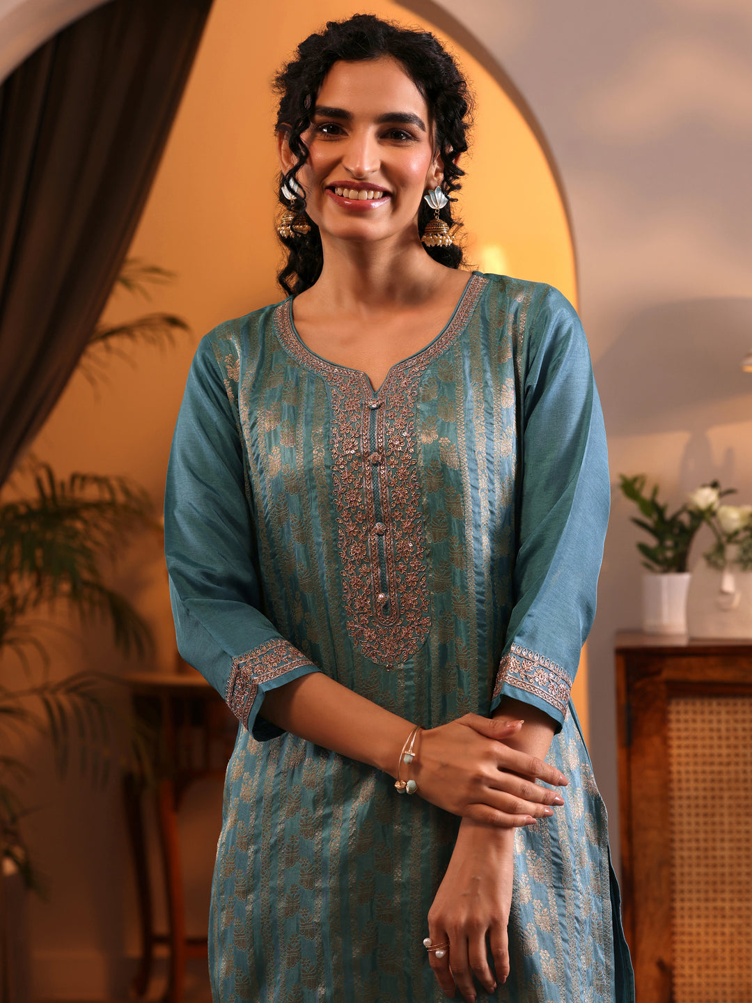  Libas Art Blue Woven Design Silk Blend Straight Suit Set With Dupatta 