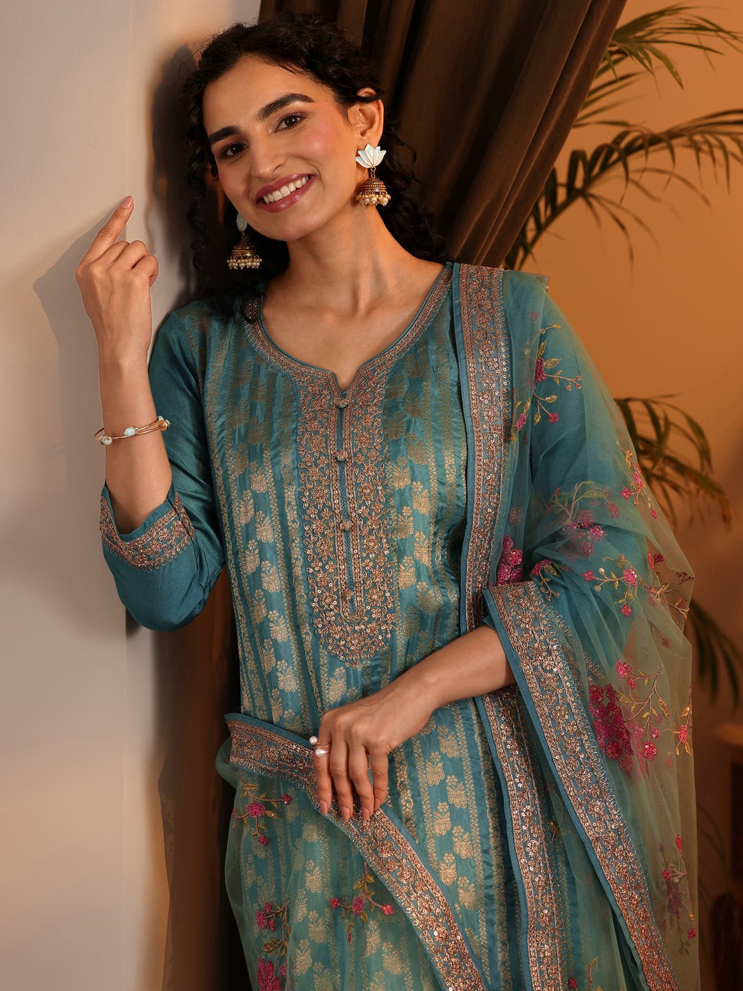  Libas Art Blue Woven Design Silk Blend Straight Suit Set With Dupatta 