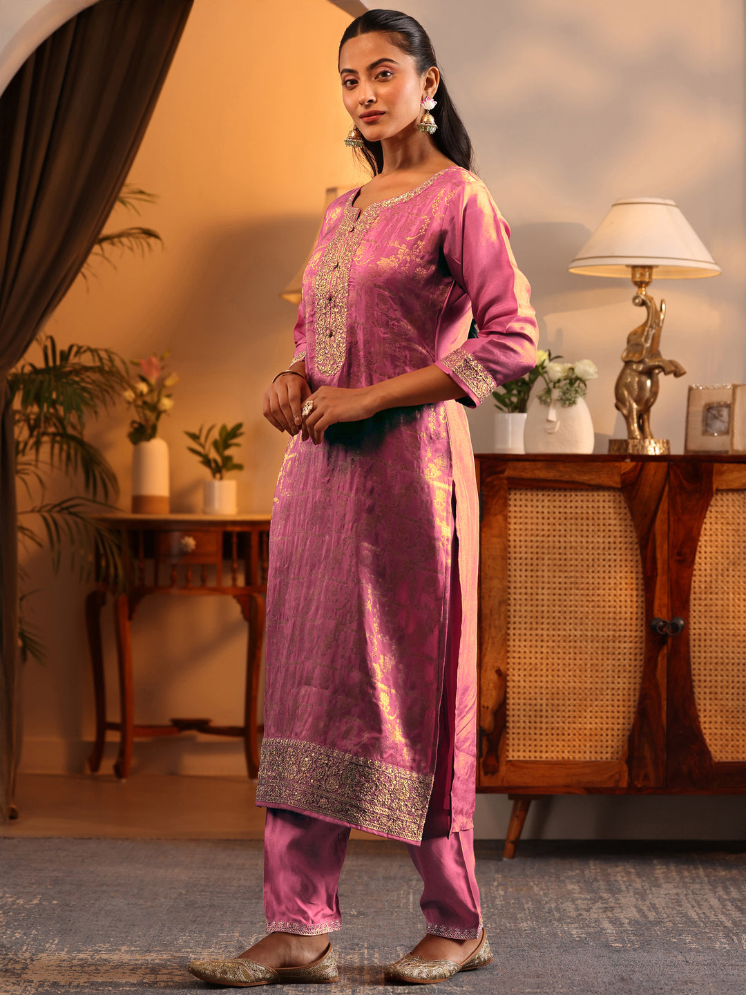  Libas Art Pink Woven Design Silk Blend Straight Suit Set With Dupatta 