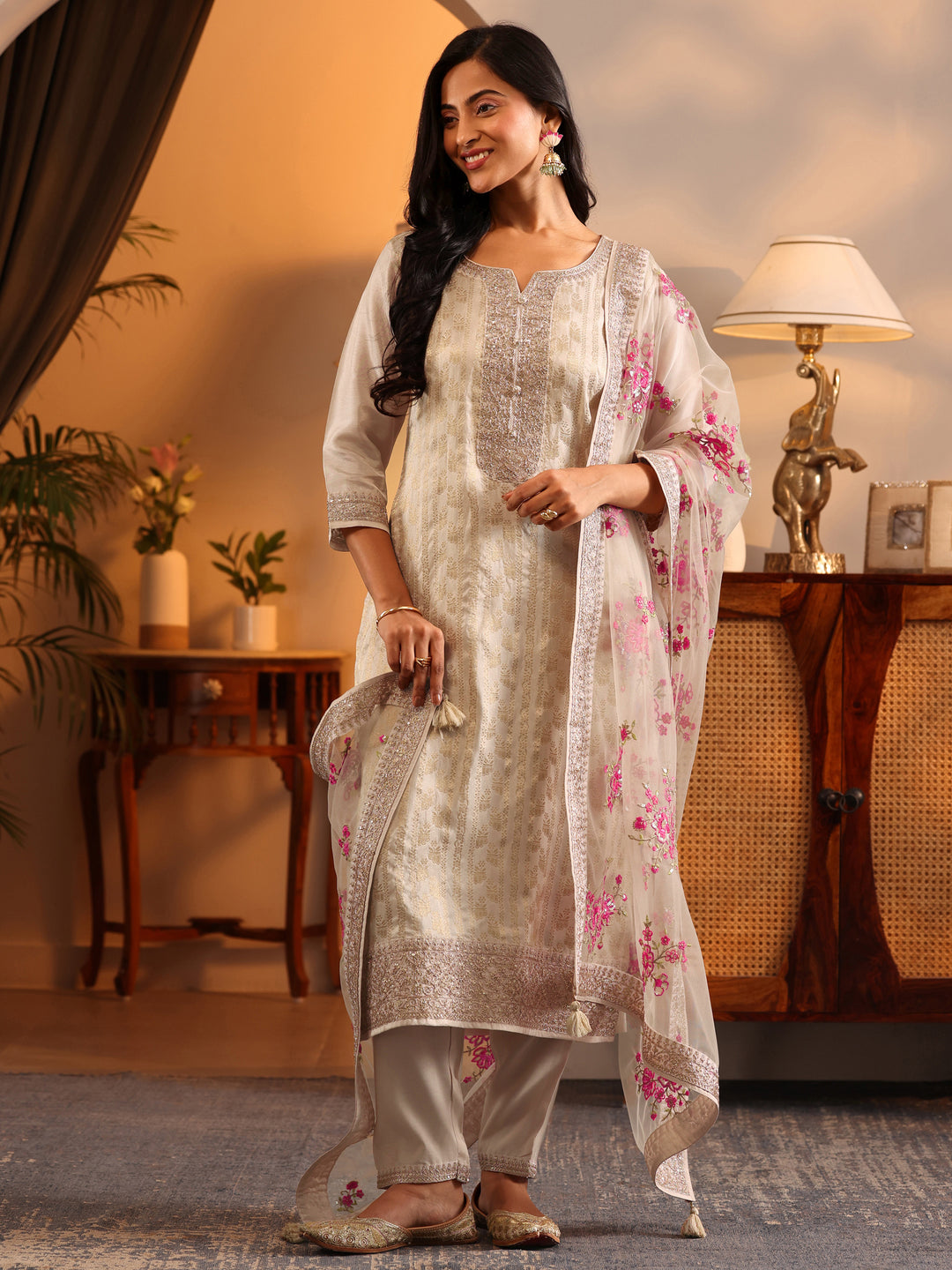  Libas Art Off White Woven Design Silk Blend Straight Suit Set With Dupatta 