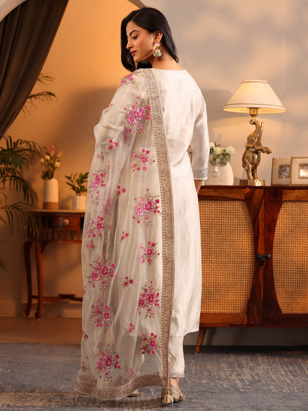  Libas Art Off White Woven Design Silk Blend Straight Suit Set With Dupatta 