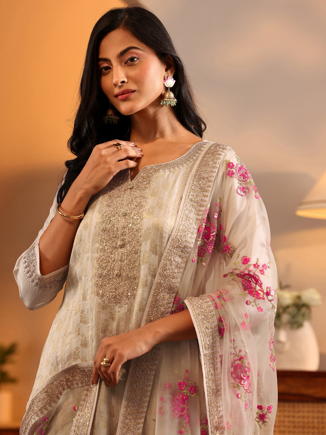  Libas Art Off White Woven Design Silk Blend Straight Suit Set With Dupatta 