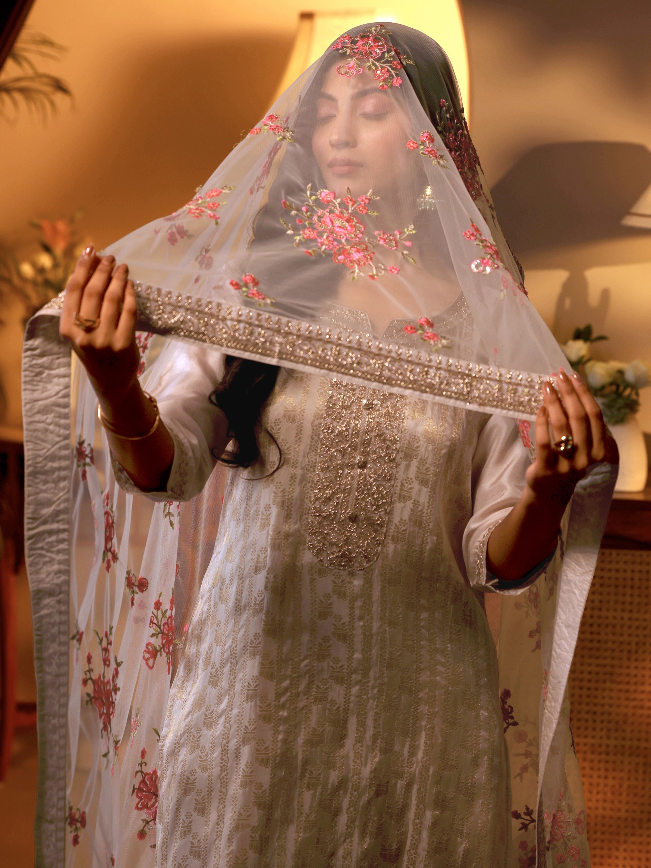 Off White Woven Design Silk Blend Straight Suit Set With Dupatta-image-30