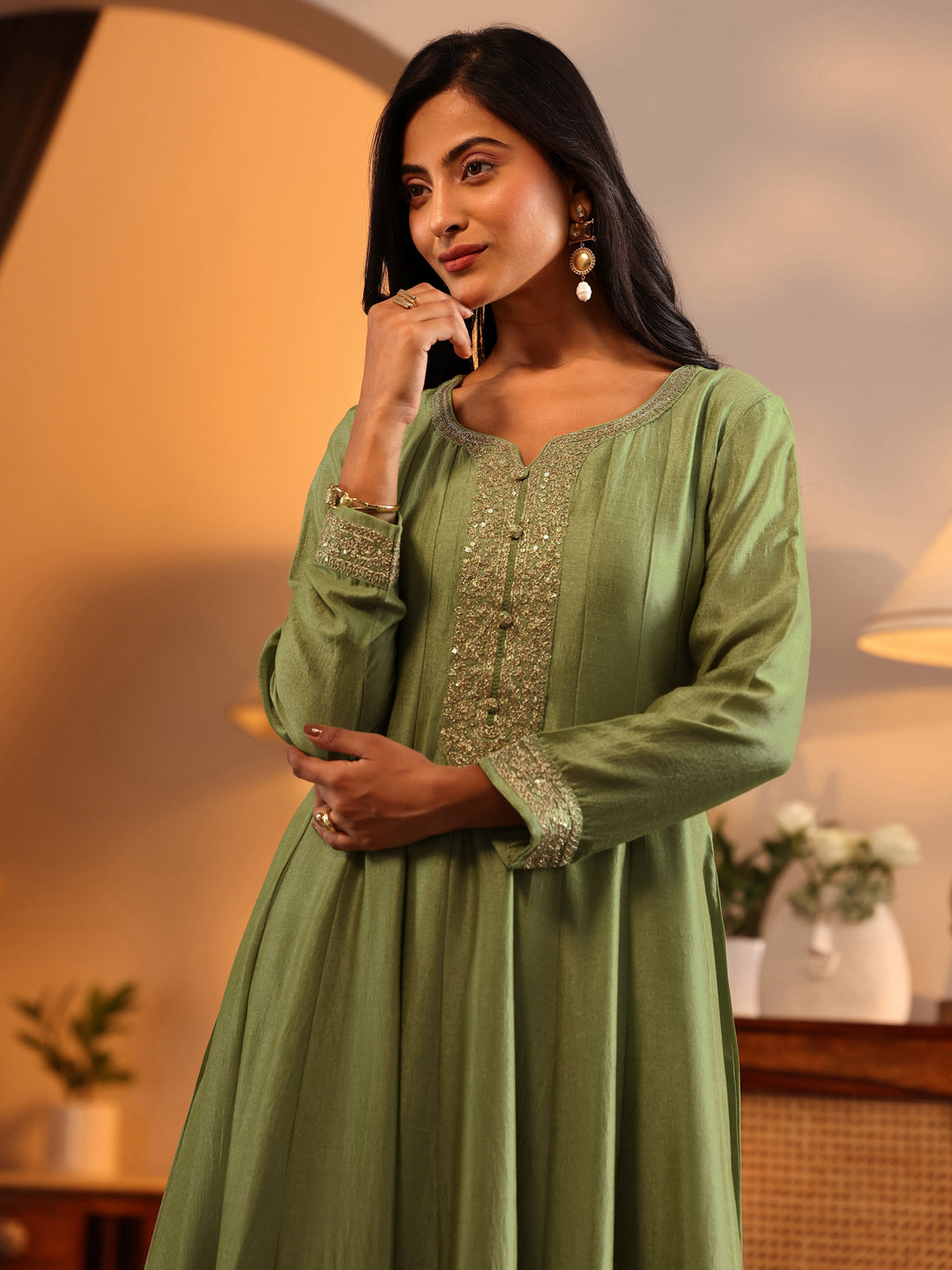  Libas Art Green Embroidered Silk Blend Anarkali Suit Set With Dupatta 